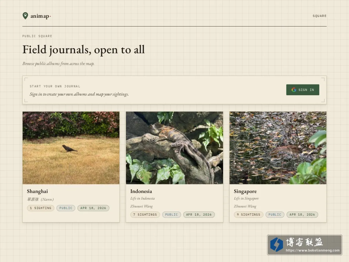 Animap — A field journal of wildlife sightings 的网站快照