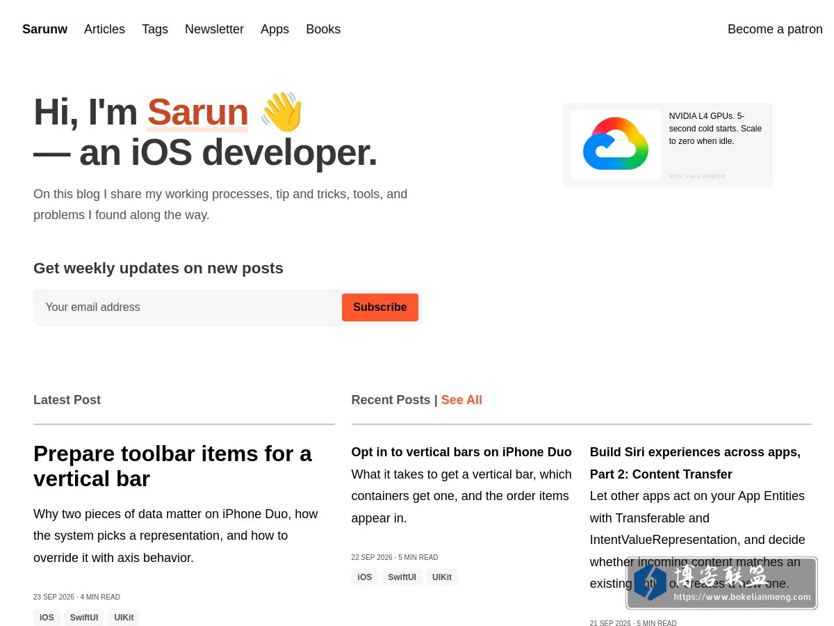 Sarunw - A weekly blog about iOS development 的网站快照